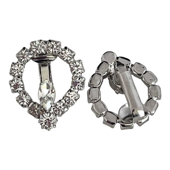 Vintage Rhinestone Earrings Silver Tone Prong Set Crystal Formal Bridal Clip 13P - Picture 2 of 7